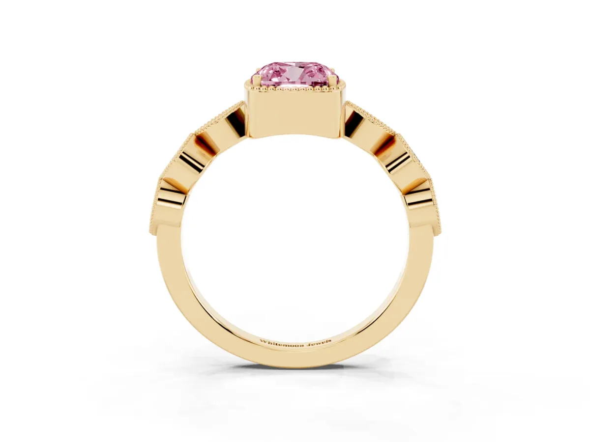 Fancy Pink Cushion Cut Diamond Vintage Milgrain Ring with Round Stations Yellow gold