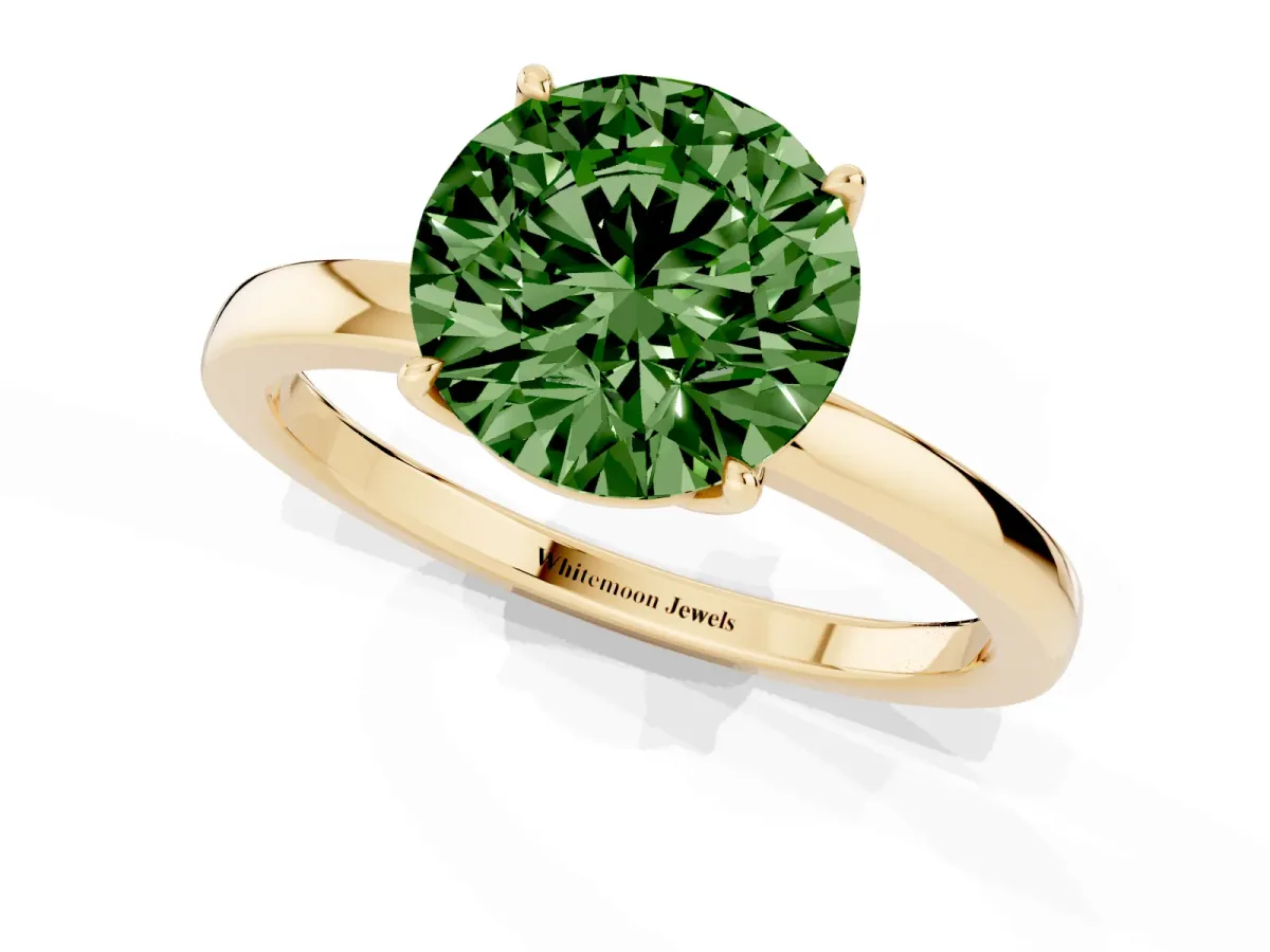 Fancy Green Round Cut Diamond Solitaire Ring with Thin Band and Prong Setting Yellow gold