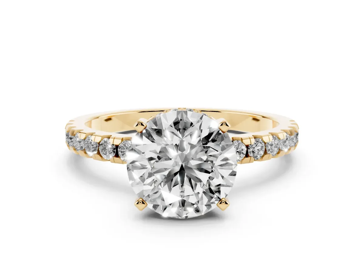 Round Cut Diamond Solitaire Ring with Round Pavé Band and Four-Prong Setting Yellow gold