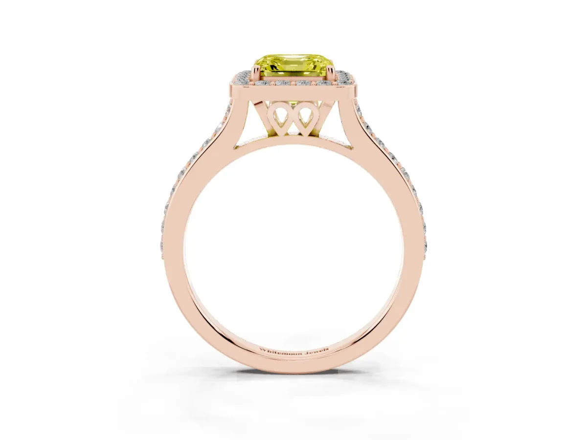 Fancy Yellow Asscher Cut Diamond Halo Engagement Ring with Round Pavé Shoulders and Prong Setting Rose gold