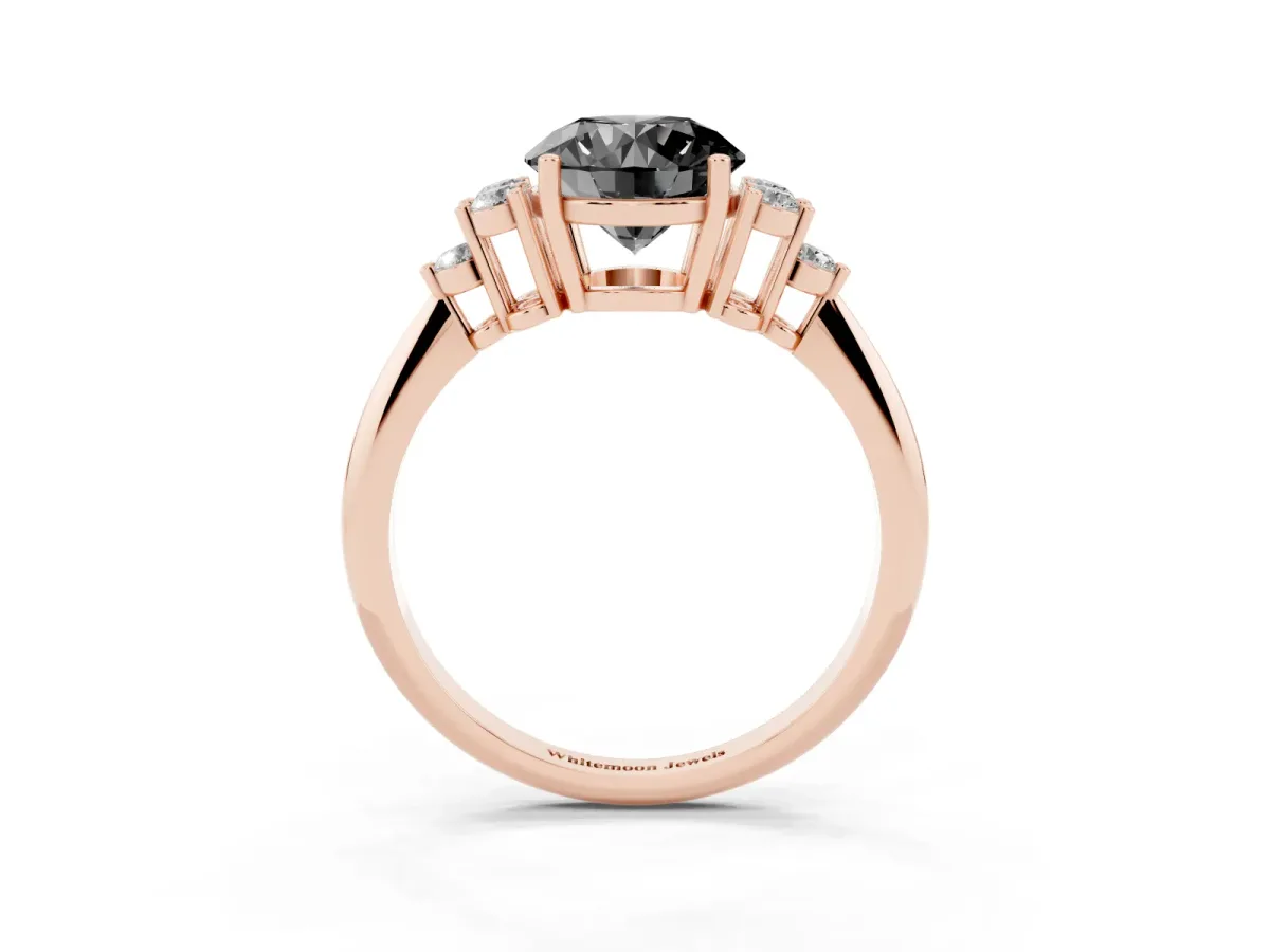 Fancy Black Round Cut Cut Diamond Cluster Ring with Solitaire Band and Four-Prong Setting Rose gold