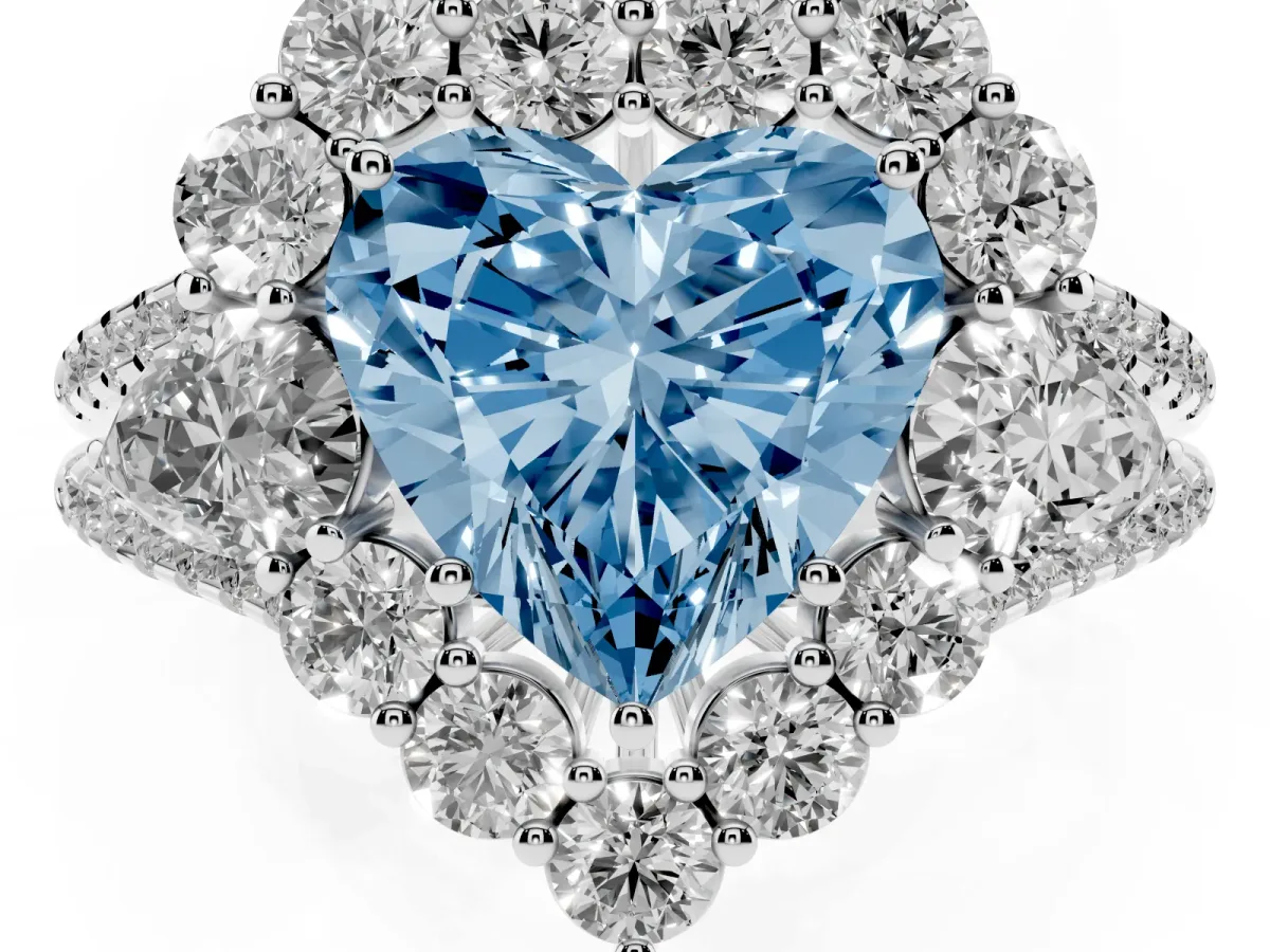 Fancy Blue Heart Cut Halo Split Shank Diamond Engagement Ring with Prong Setting Silver