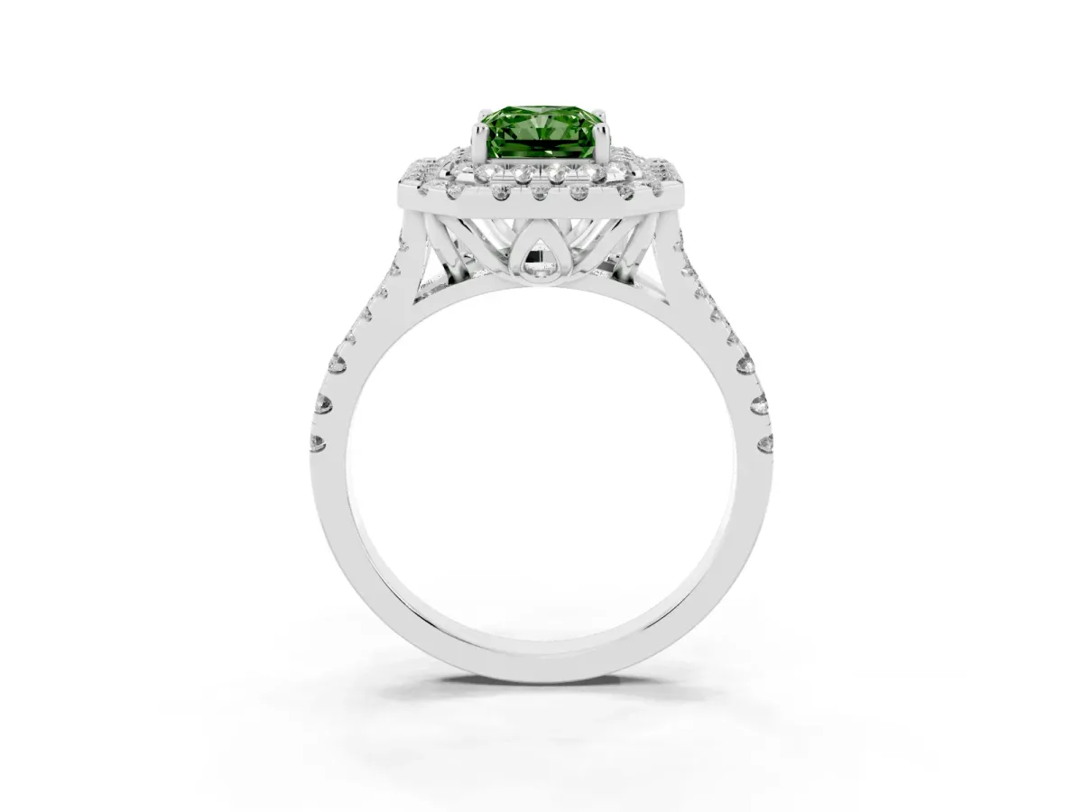 Fancy Green Double Halo Radiant Cut Diamond Pavé Split Shank Ring with Prong Setting Silver