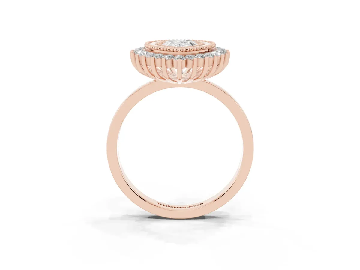 Pear Cut Halo Diamond Ring with Milgrain Edge and Round Prong Setting Rose gold