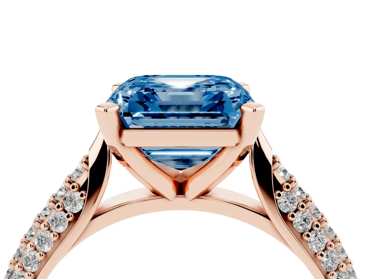 Fancy Blue Asscher Cut Diamond Solitaire Engagement Ring with Multi-Row Round Pavé Band and Prong Setting Rose gold