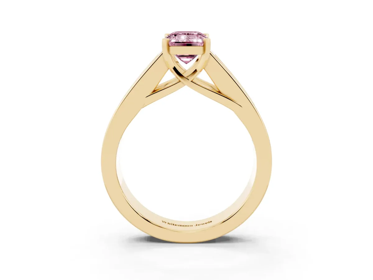 Fancy Pink Emerald Cut Cut Channel Set Solitaire Ring with Four-Prong Setting Yellow gold