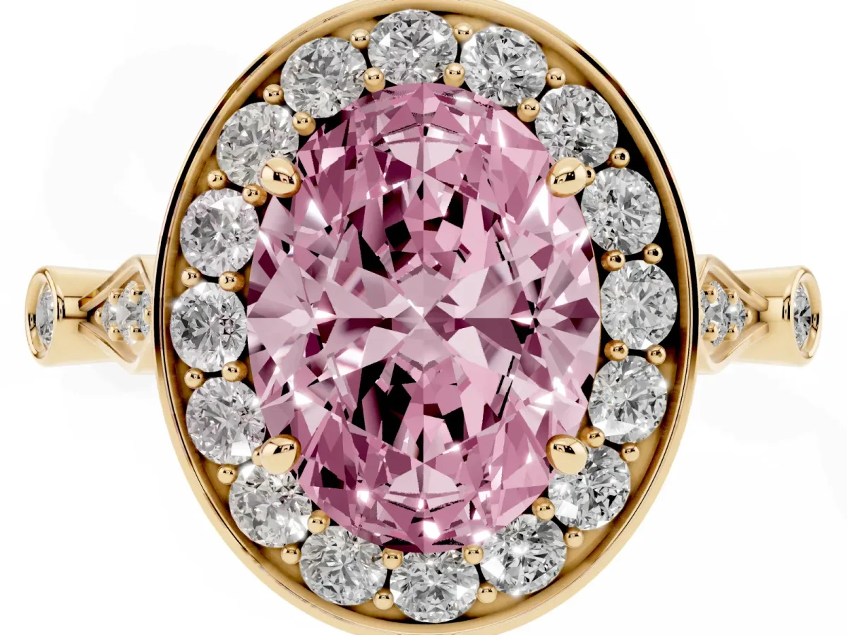 Fancy Pink Oval Cut Halo Diamond Engagement Ring with Twisted Band and Four-Prong Setting Yellow gold