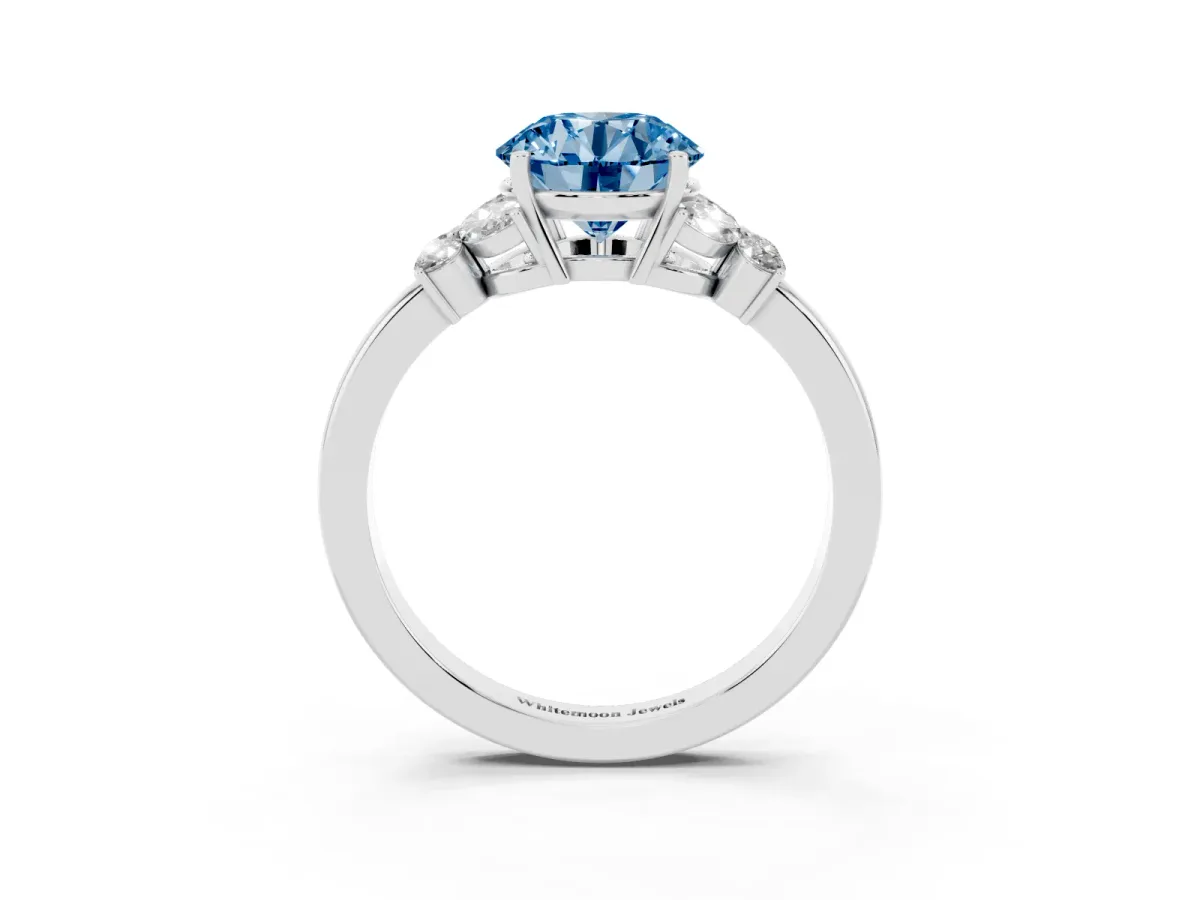 Fancy Blue Round Cut Cut Solitaire Floral Diamond Ring with Four-Prong Setting Silver
