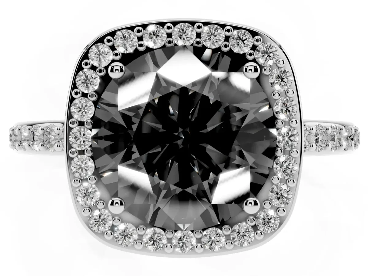 Fancy Black Round Cut Diamond Halo Engagement Ring with Round Pavé Shoulders and Prong Setting Platinum