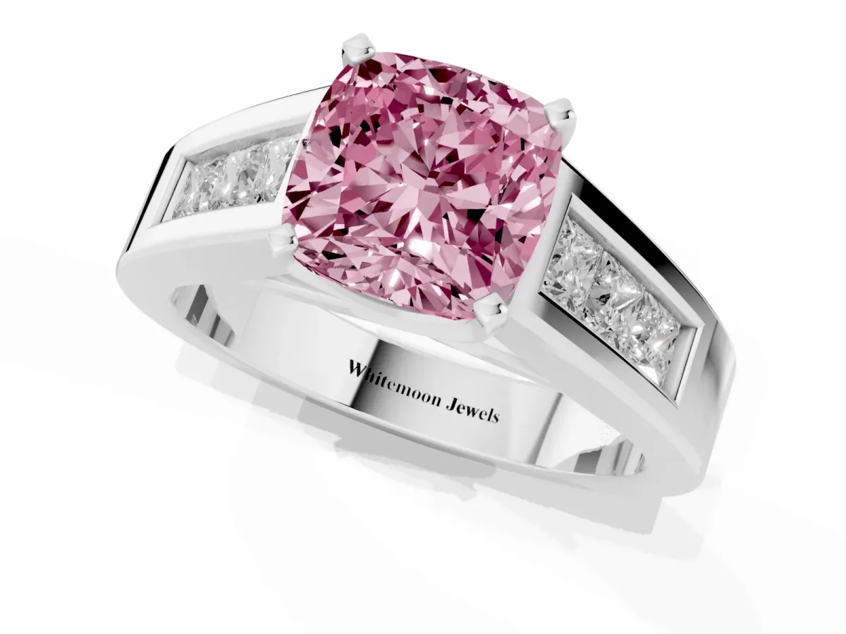 Fancy Pink Cushion Cut Cut Channel Set Solitaire Ring with Four-Prong Setting Silver