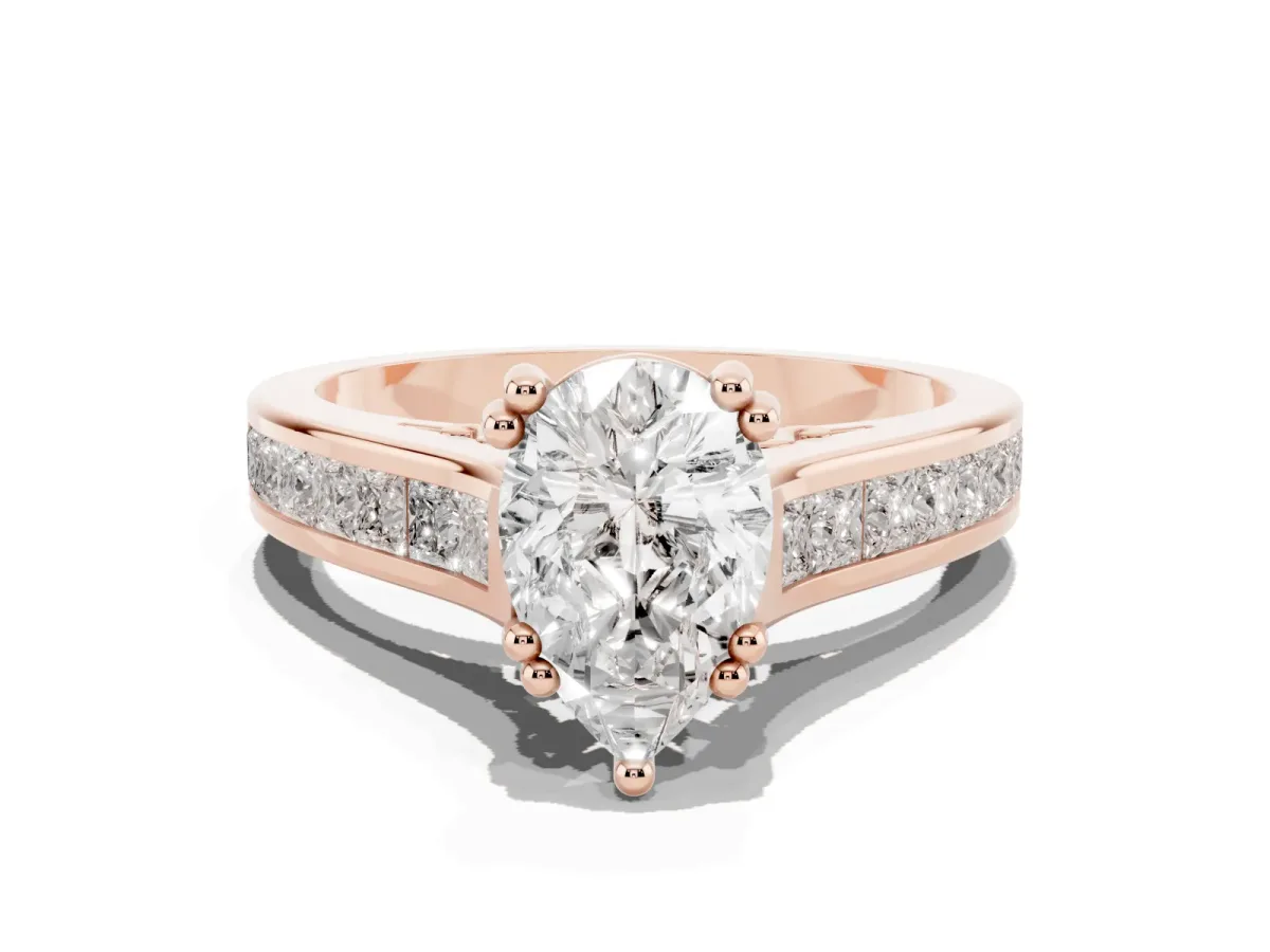 Pear Cut Cut Channel Set Solitaire Engagement Ring with Prong Setting Rose gold