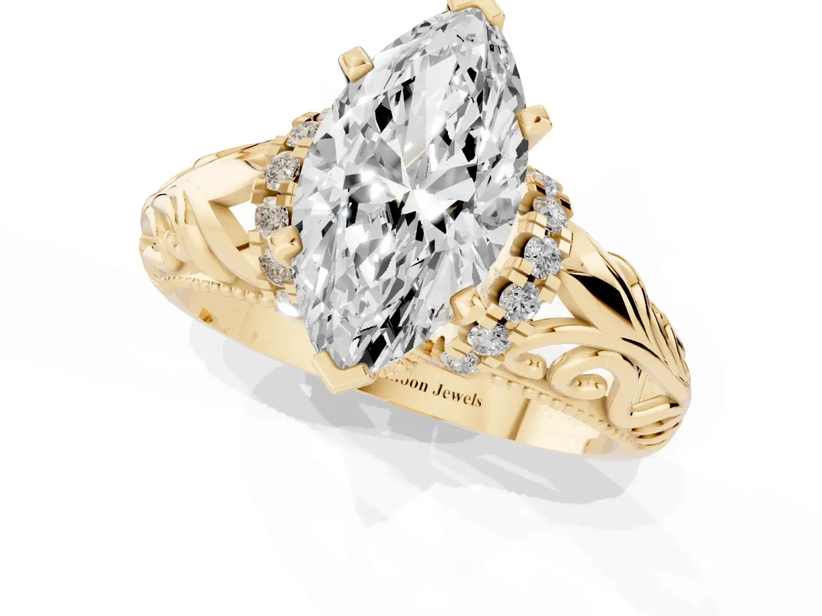Marquise Cut Solitaire Filigree Engagement Ring with Halo and Prong Setting Yellow gold
