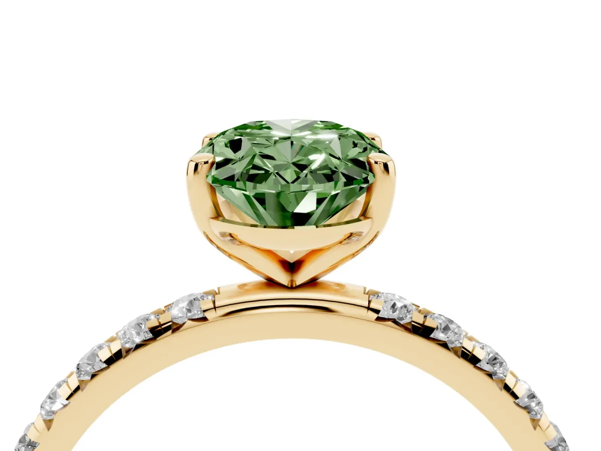 Fancy Green Oval Cut Cut Diamond Solitaire Ring with Micro Pave Band and Four Prong Setting Yellow gold
