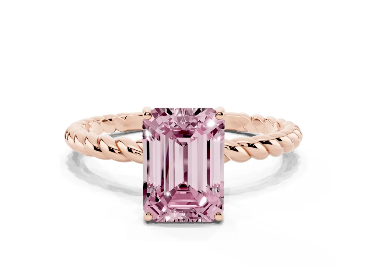 Fancy Pink Emerald Cut Solitaire Twist Band Ring with Four-Prong Setting Rose gold