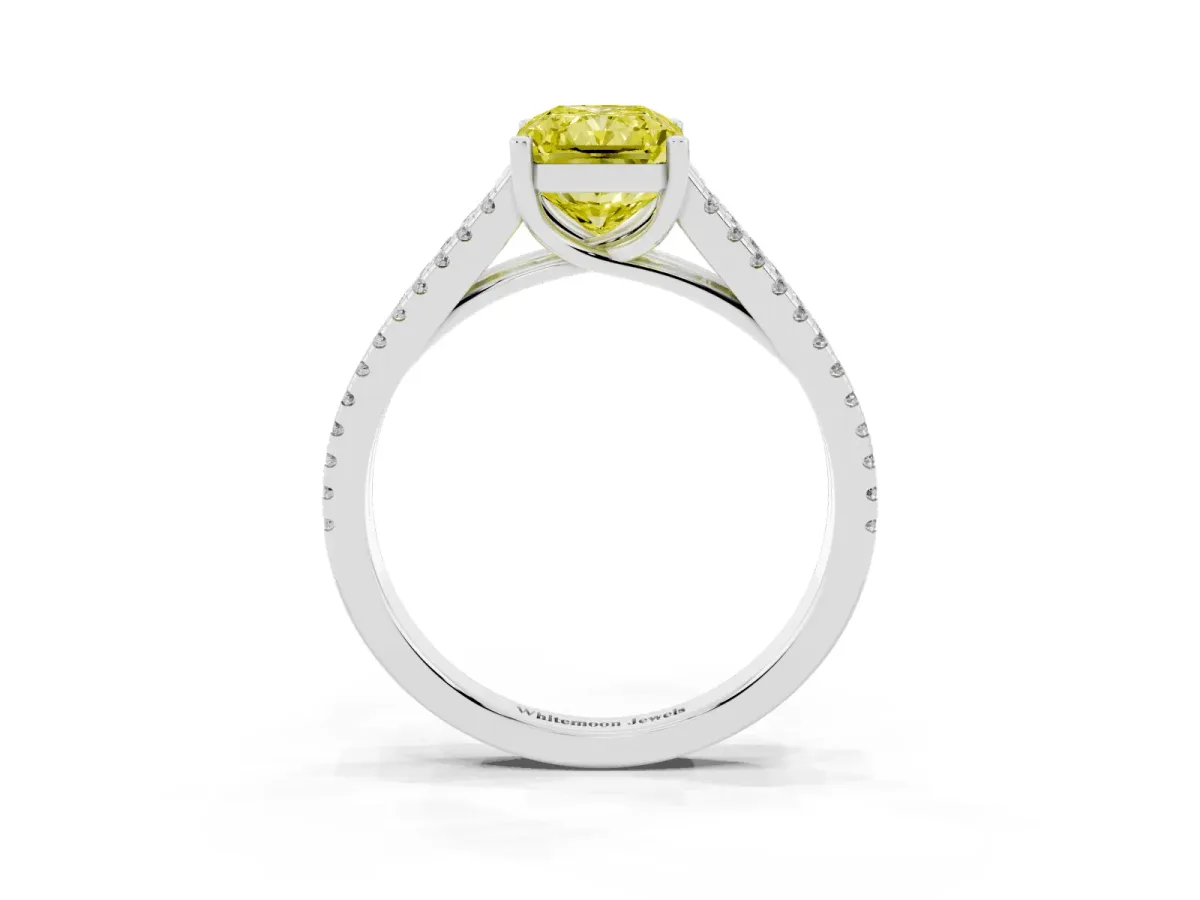 Fancy Yellow Radiant Cut Diamond Solitaire Engagement Ring with Split Shank Pavé Band Silver