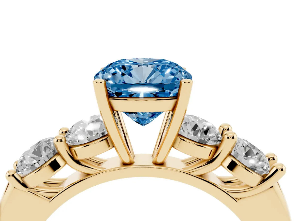 Fancy Blue Cushion Cut Cut Five-Stone Prong Set Diamond Ring with Classic Band Yellow gold