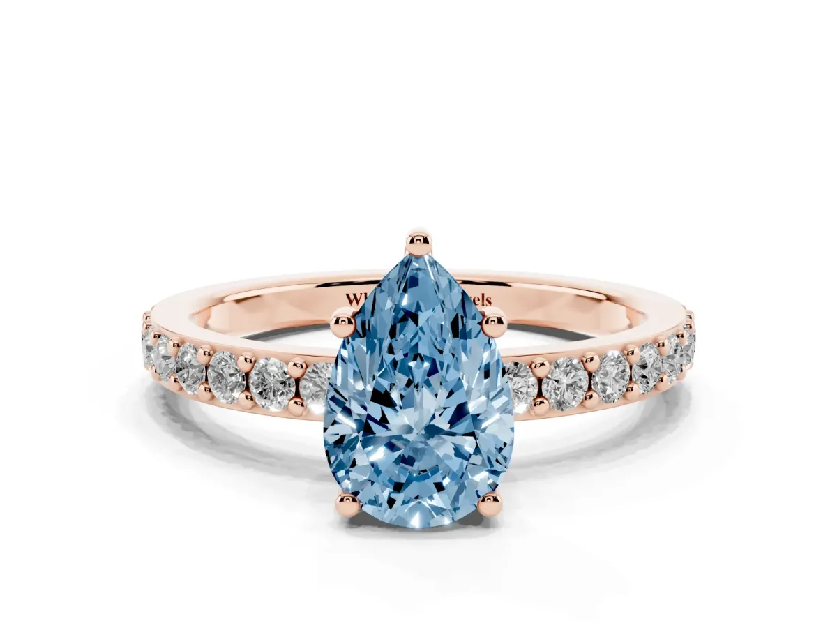 Fancy Blue Pear Cut Cut Diamond Solitaire with Pave Band and Four-Prong Setting Rose gold