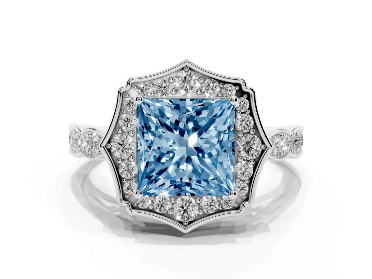 Fancy Blue Princess Cut Halo Diamond Engagement Ring with Milgrain Band and Four-Prong Setting Silver
