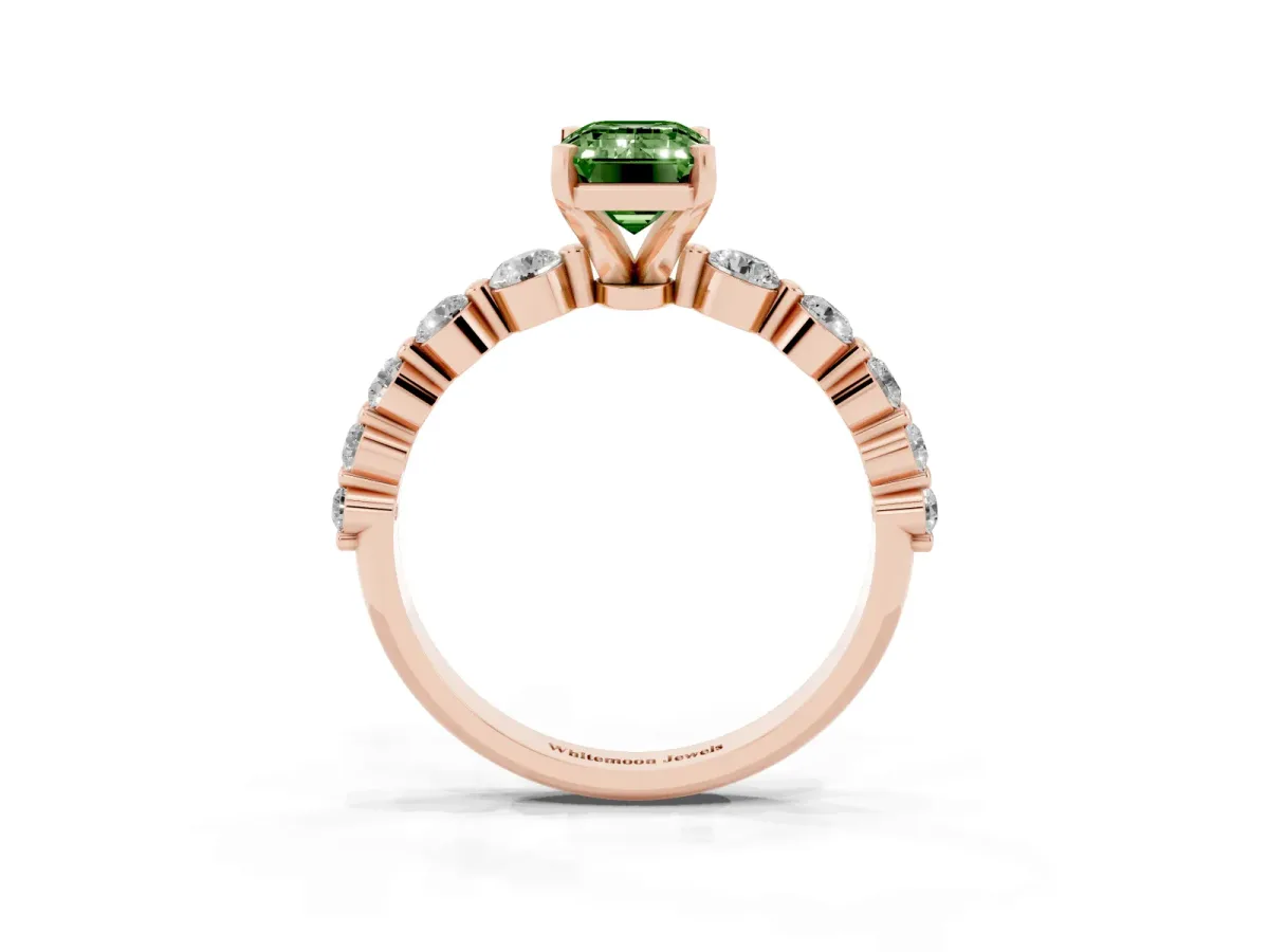 Fancy Green Emerald Cut Solitaire Diamond Ring with Pave Band and Four-Prong Setting Rose gold