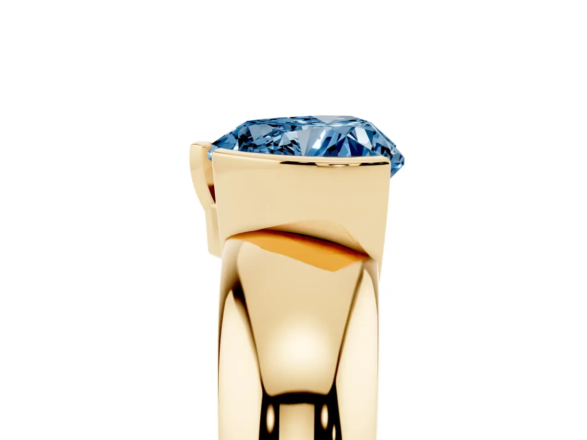 Fancy Blue Heart Cut Solitaire Tension Set Diamond Ring with Wide Band Yellow gold