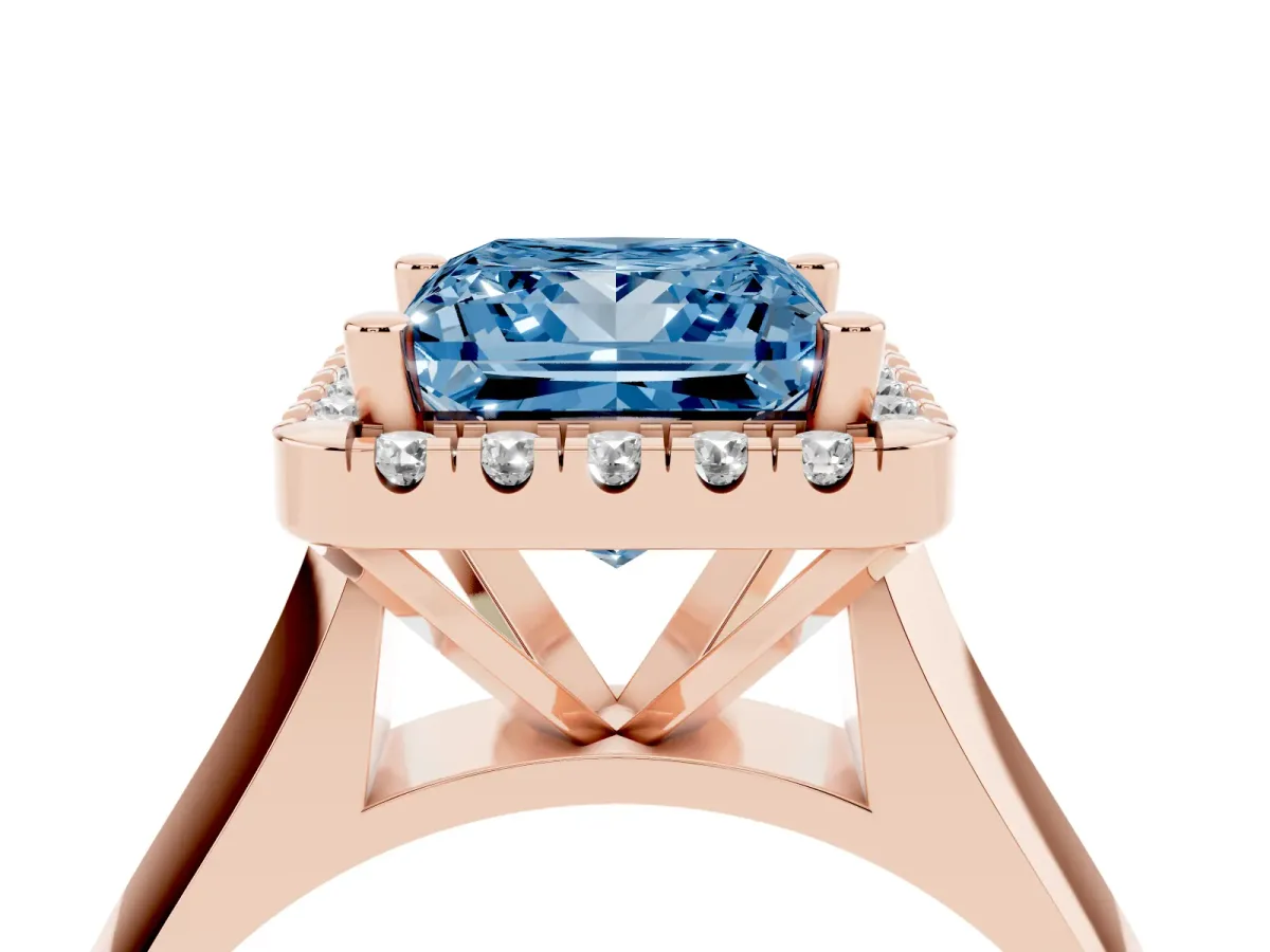 Fancy Blue Princess Cut Cut Halo Solitaire Engagement Ring with Square Band and Four-Prong Setting Rose gold