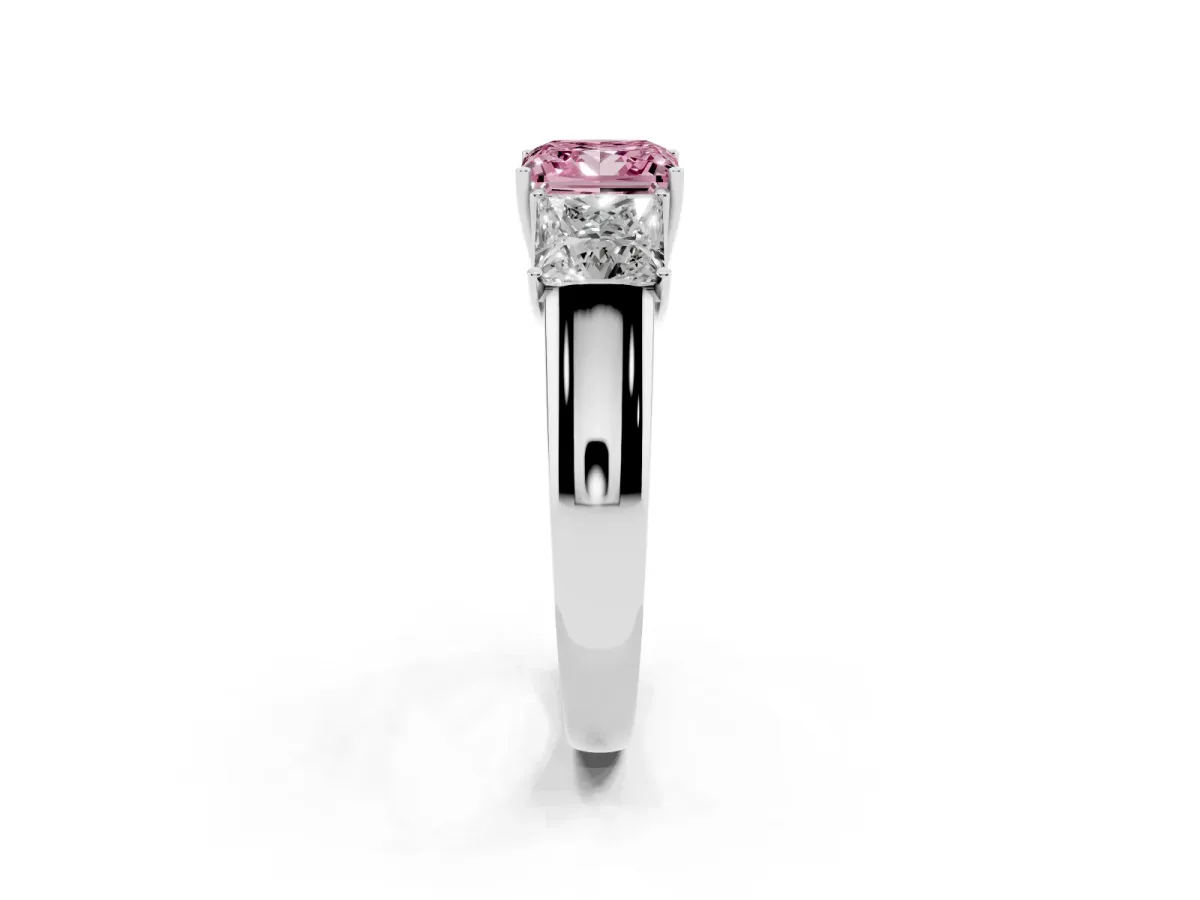 Fancy Pink Three-Stone Princess Cut Cut Diamond Ring with Prong Setting and Classic Band Silver