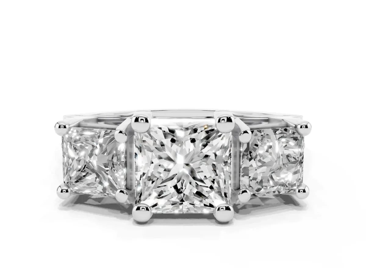 Princess Cut Diamond Three-Stone Ring with Channel Set Band and Four-Prong Setting Silver
