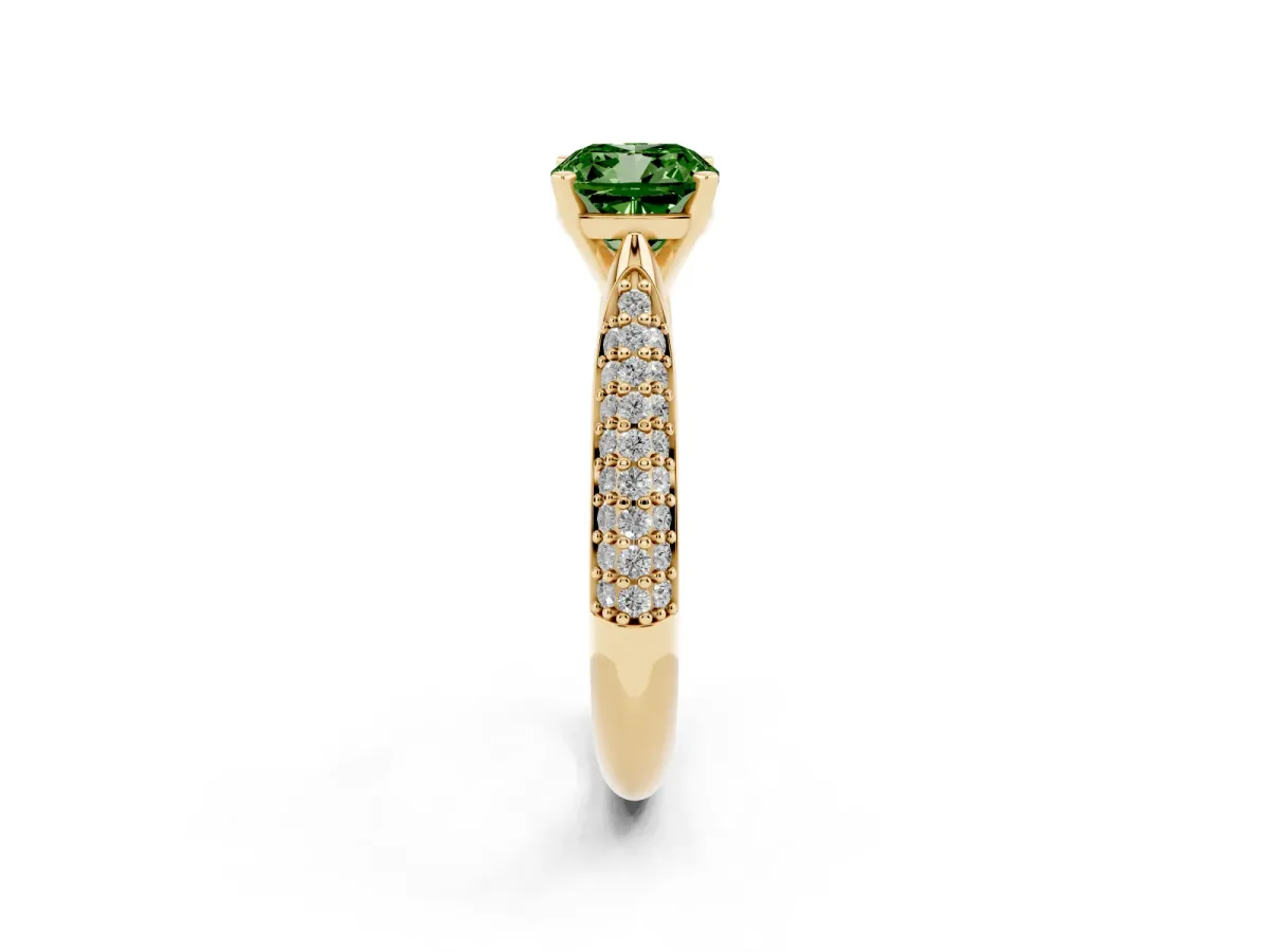 Fancy Green Cushion Cut Diamond Solitaire Engagement Ring with Multi-Row Round Pavé Band and Prong Setting Yellow gold