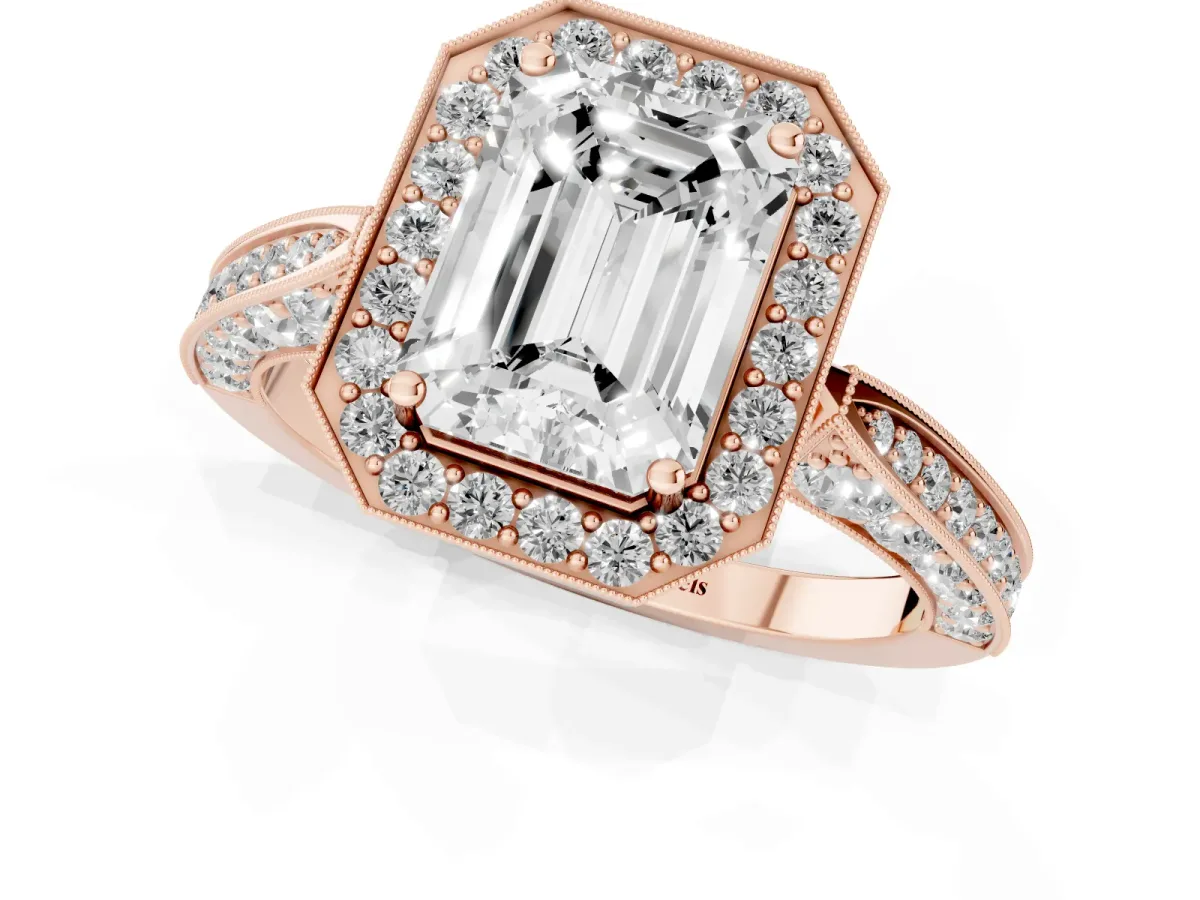 Emerald Cut Halo Diamond Engagement Ring with Split Shank Band and Four-Prong Setting Rose gold