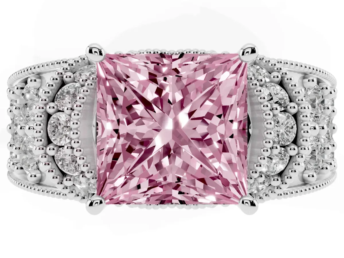 Fancy Pink Princess Cut Halo Pave Diamond Engagement Ring with Milgrain Detailing Silver