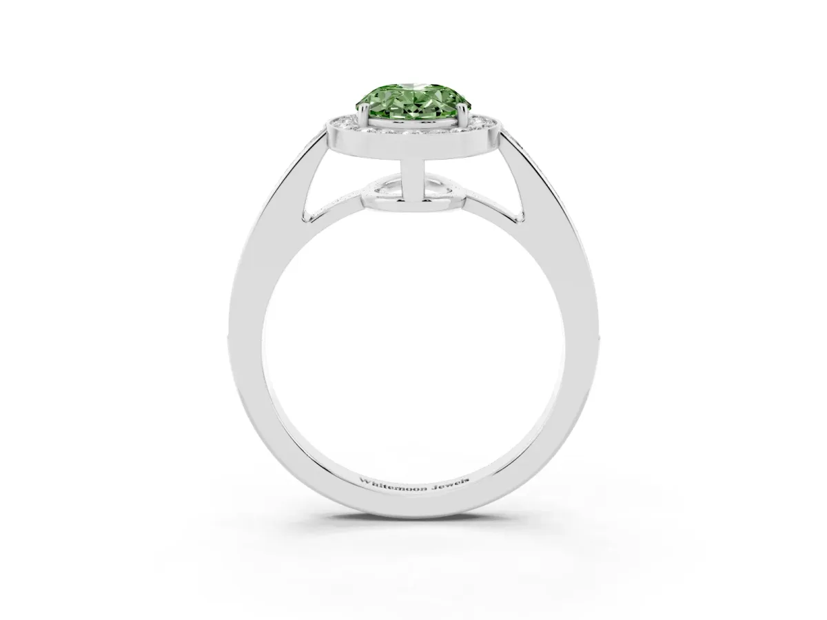 Fancy Green Oval Cut Halo Pavé Diamond Engagement Ring with Bezel Setting Silver