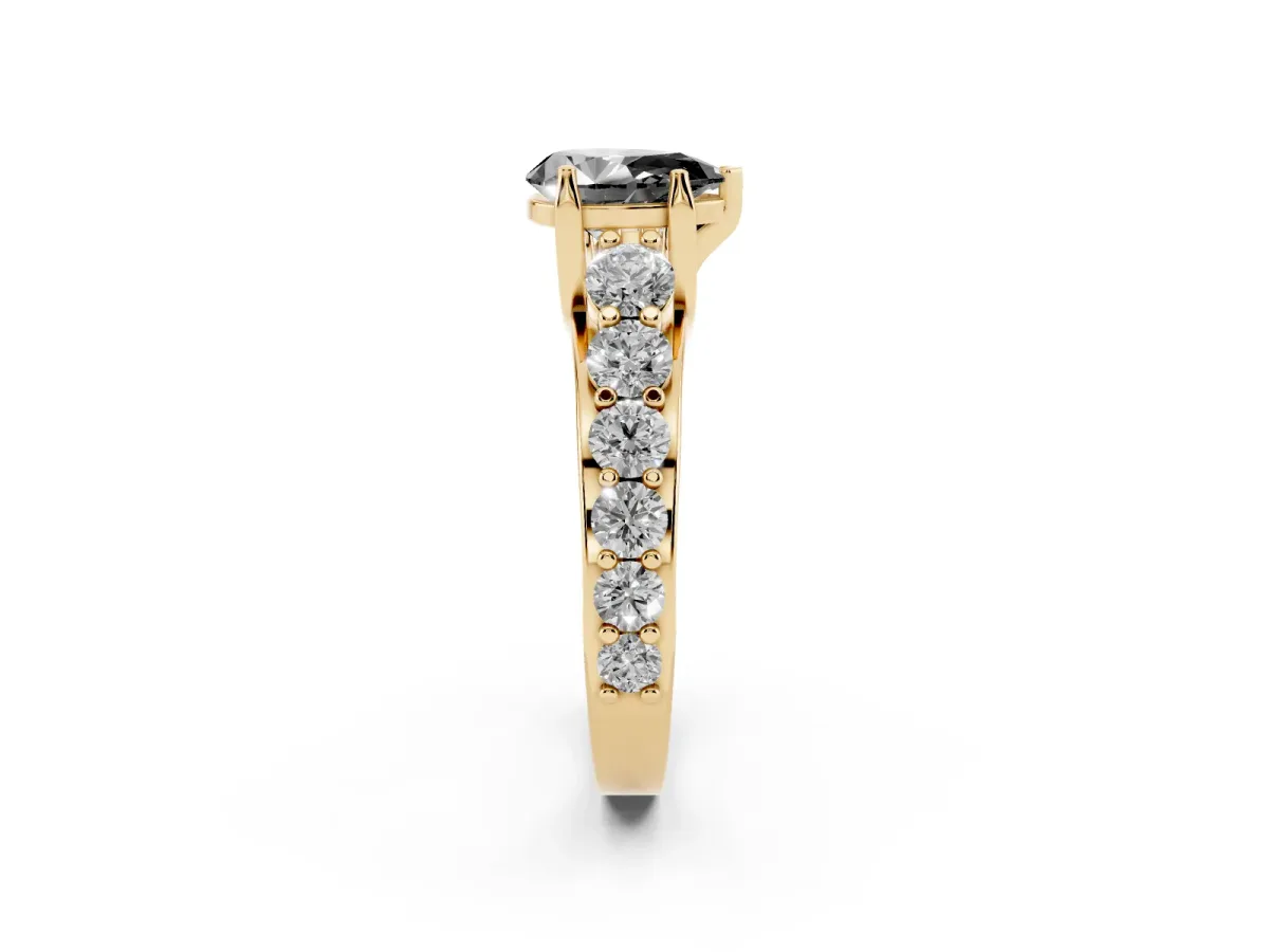 Fancy Black Pear Cut Diamond Engagement Ring with Pavé Band and Four-Prong Setting Yellow gold