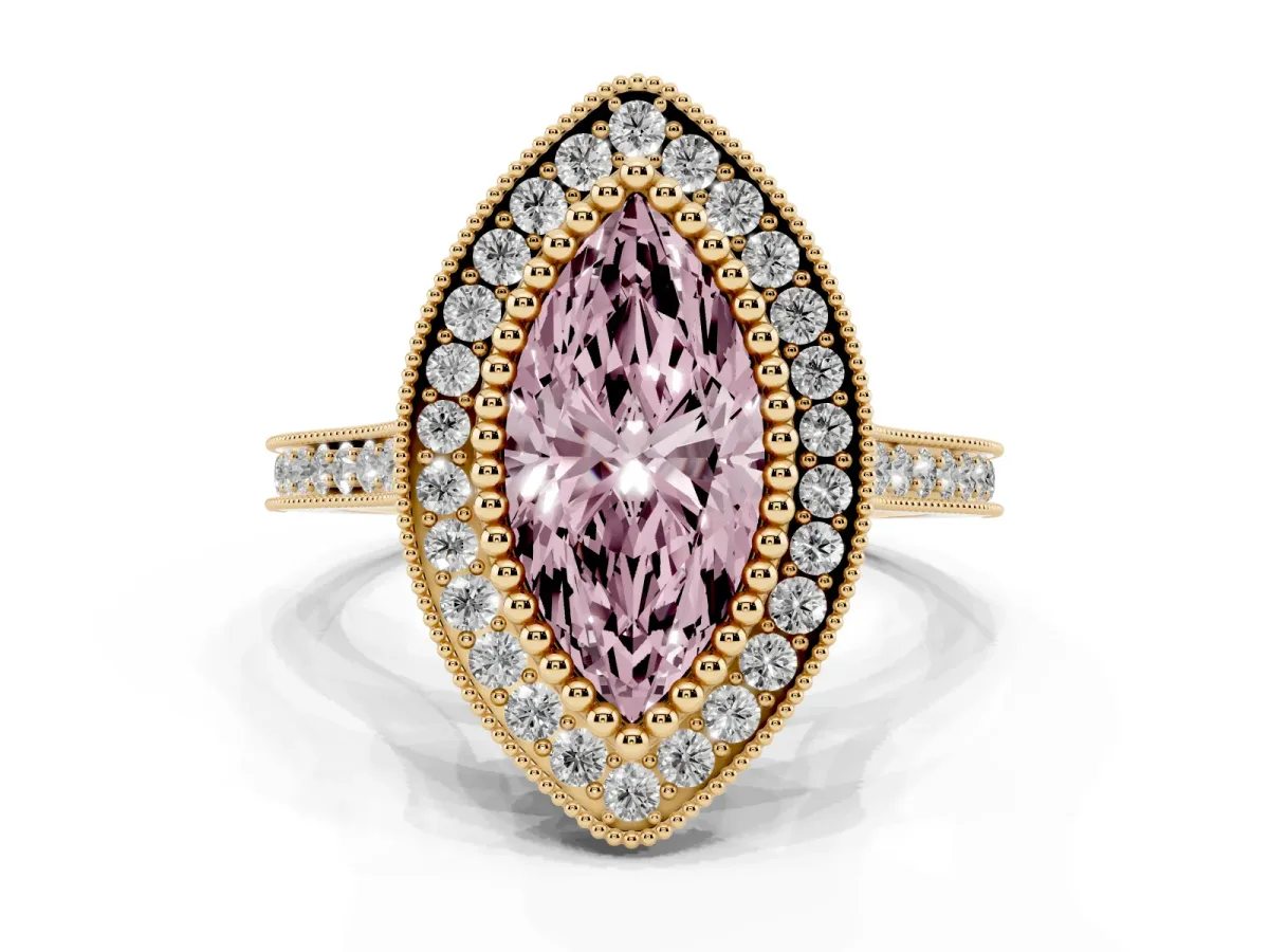Fancy Pink Marquise Cut Diamond Halo Ring with Milgrain Frame and Pavé Band Yellow gold