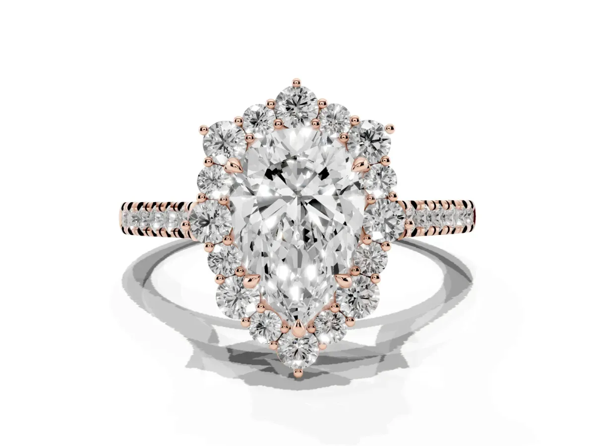 Pear Cut Halo Diamond Ring with Pavé Band and Prong Setting Rose gold