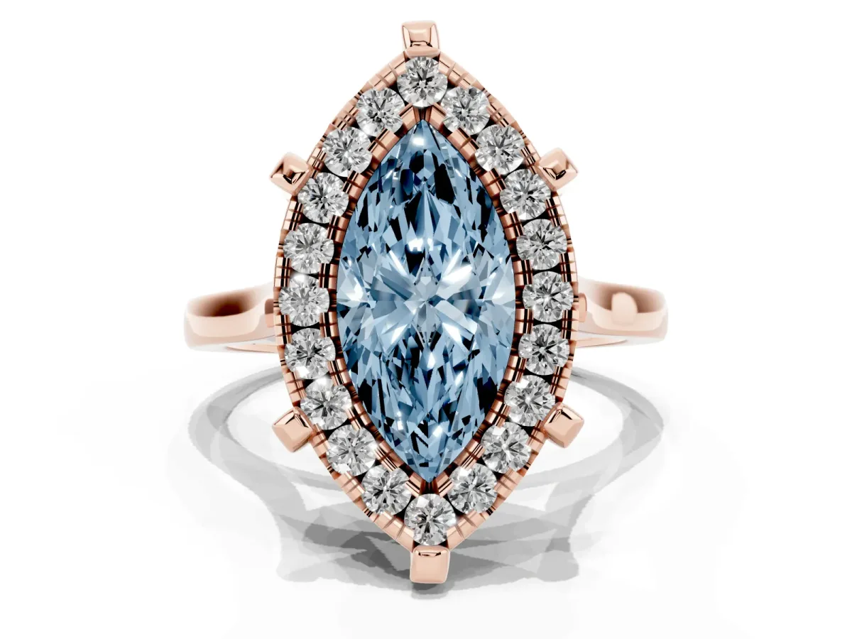 Fancy Blue Marquise Cut Diamond Cluster Halo Solitaire with Four-Prong Setting Rose gold