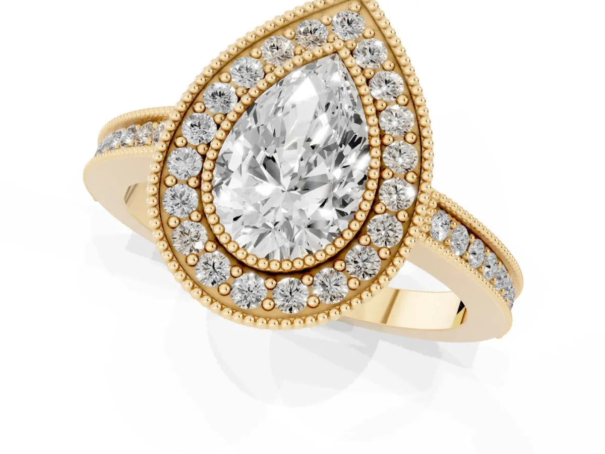 Pear Cut Cut Halo Diamond Ring with Pavé Band and Milgrain Prong Setting Yellow gold