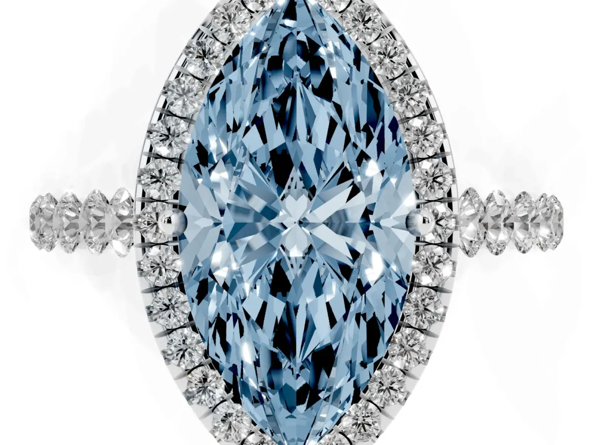 Fancy Blue Marquise Cut Halo Pavé Diamond Engagement Ring with Four-Prong Setting Platinum