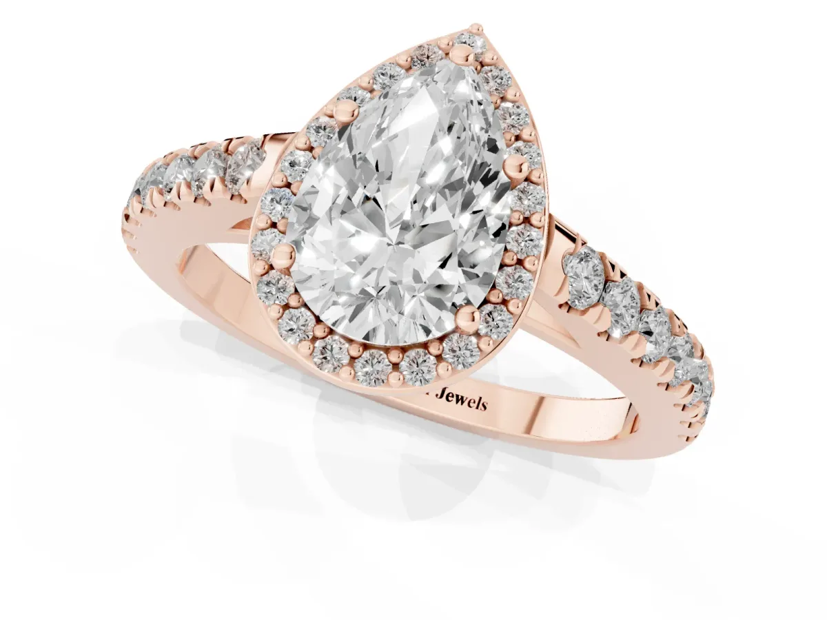 Pear Cut Cut Halo Diamond Engagement Ring with Pave Band and Four-Prong Setting Rose gold