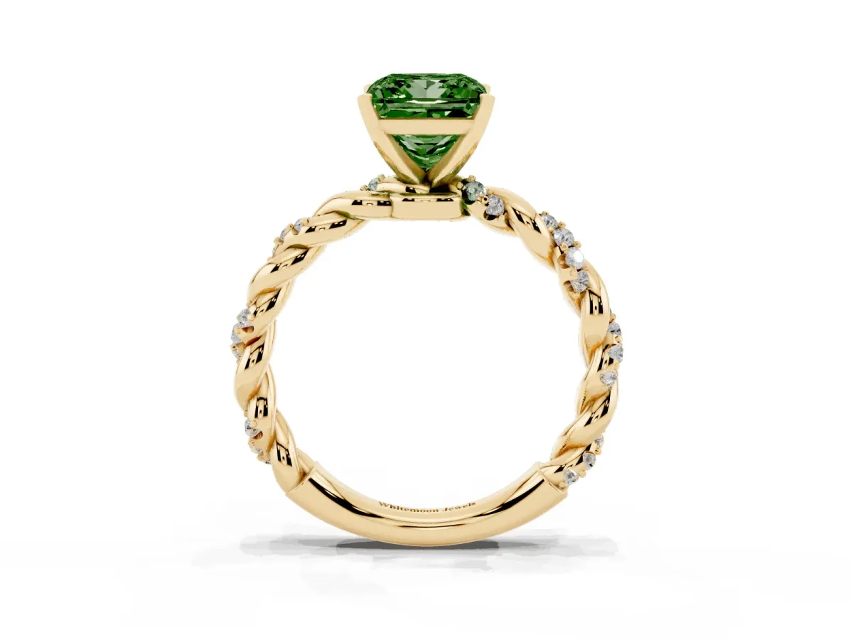 Fancy Green Princess Cut Diamond Solitaire Ring with Twisted Band and Pavé Accents Yellow gold