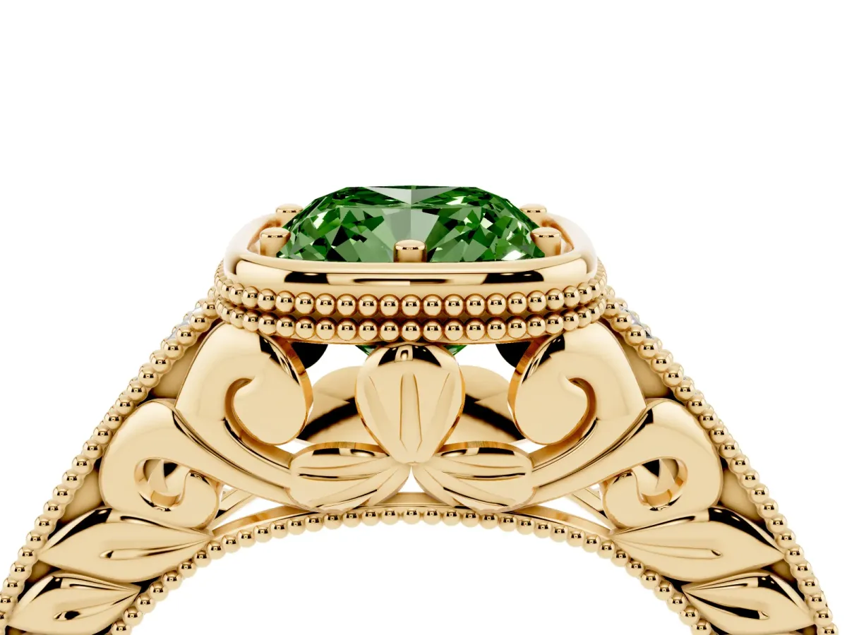 Fancy Green Bezel Set Cushion Cut Diamond Milgrain Pave Engagement Ring Yellow gold