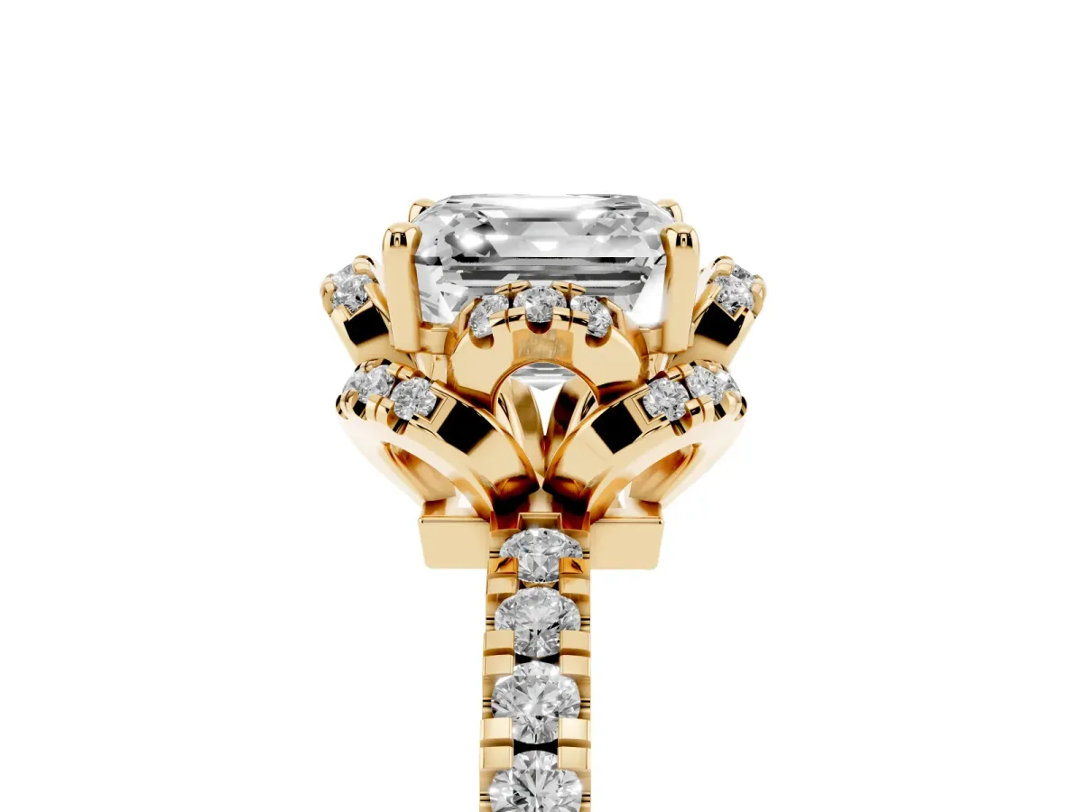 Asscher Cut Diamond Halo Pave Band with Four-Prong Setting Yellow gold