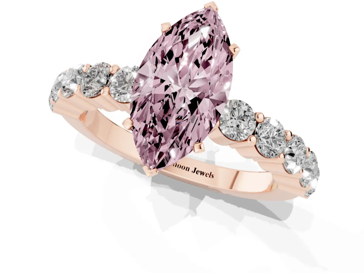Fancy Pink Marquise Cut Diamond Solitaire Ring with Shared Prong Round Side Stones Rose gold
