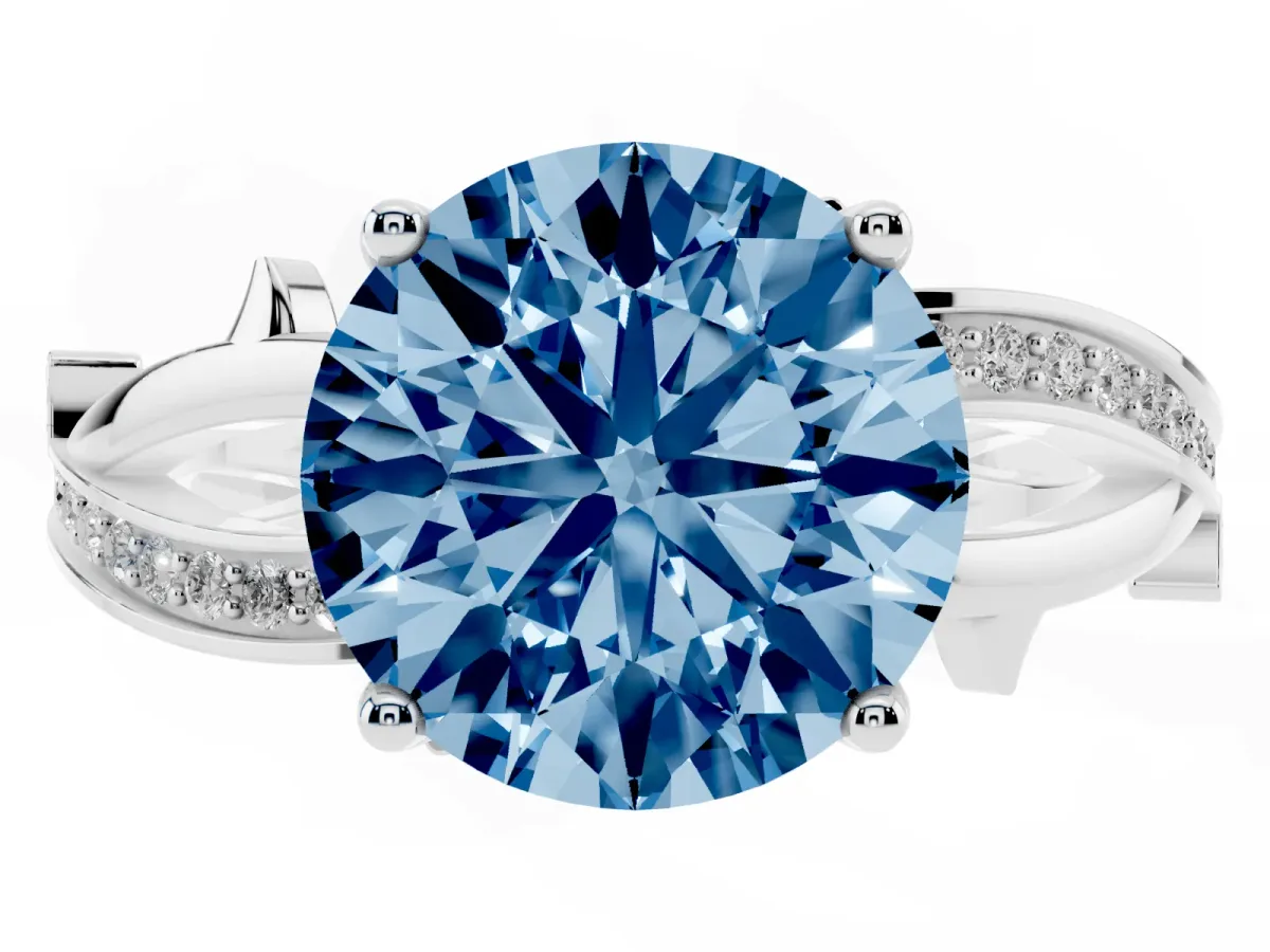 Fancy Blue Round Cut Solitaire Twist Band with Pavé Accents and Four-Prong Setting Platinum