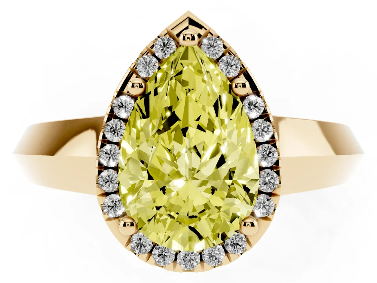 Fancy Yellow Pear Cut Halo Diamond Ring with Cathedral Band and Four-Prong Setting Yellow gold