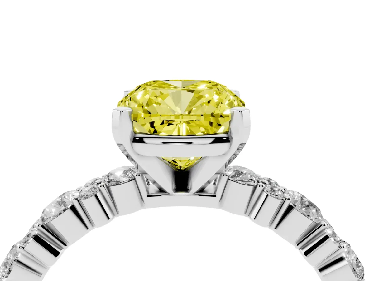 Fancy Yellow Cushion Cut Diamond Side Stone Solitaire Ring with Round and Four-Prong Setting Silver