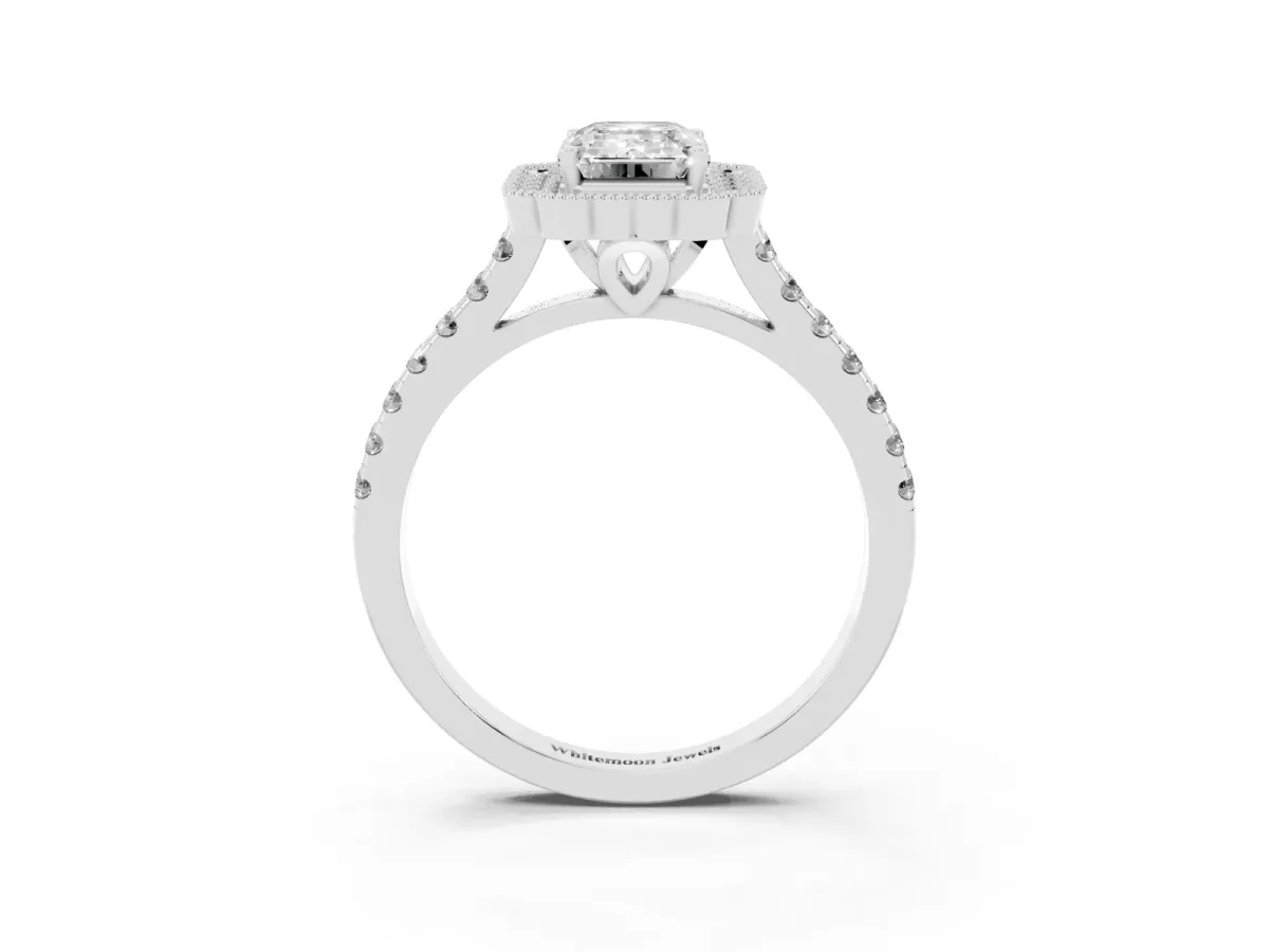 Emerald Cut Cut Diamond Milgrain Floral Halo Engagement Ring with Pavé Band Silver