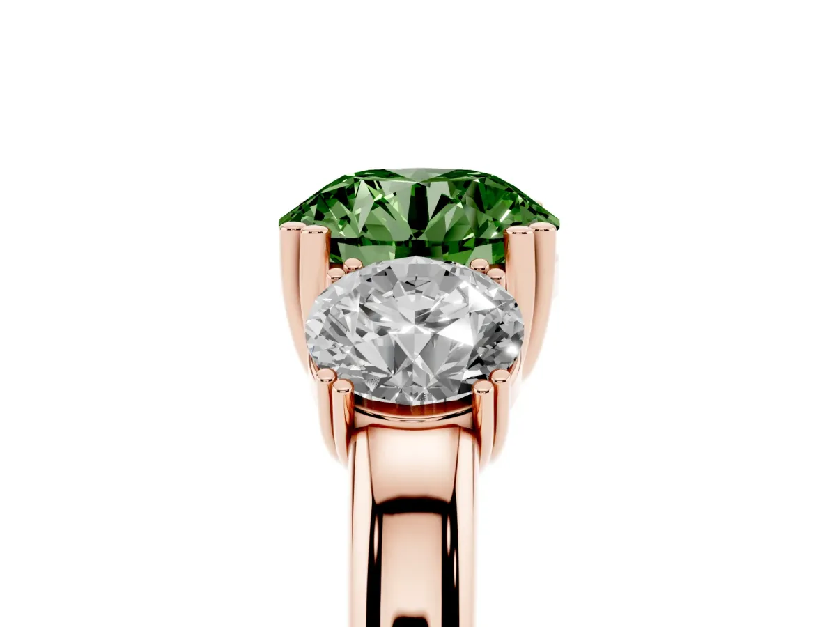 Fancy Green Three-Stone Round Cut Cut Diamond Ring with Channel Set Band and Four-Prong Setting Rose gold