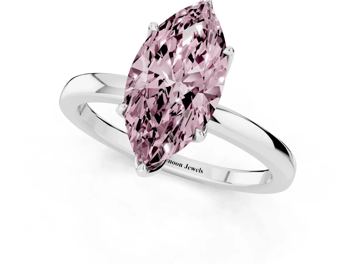 Fancy Pink Marquise Cut Diamond Solitaire Ring with Thin Band and Prong Setting Silver