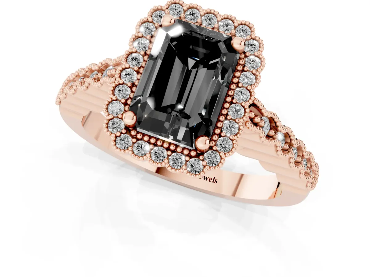 Fancy Black Radiant Cut Cut Halo Pavé Solitaire Ring with Milgrain Band Rose gold