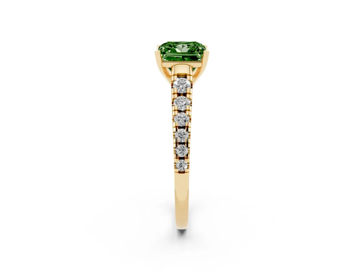 Fancy Green Princess Cut Diamond Cathedral Solitaire Ring with Round Pavé Band Yellow gold